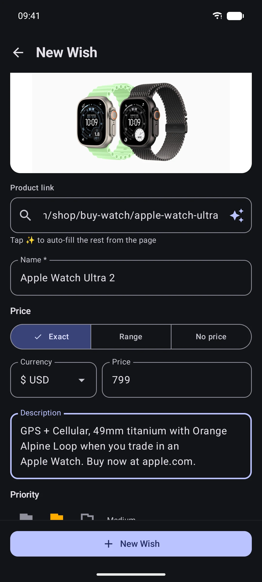 Adding a wish from a link